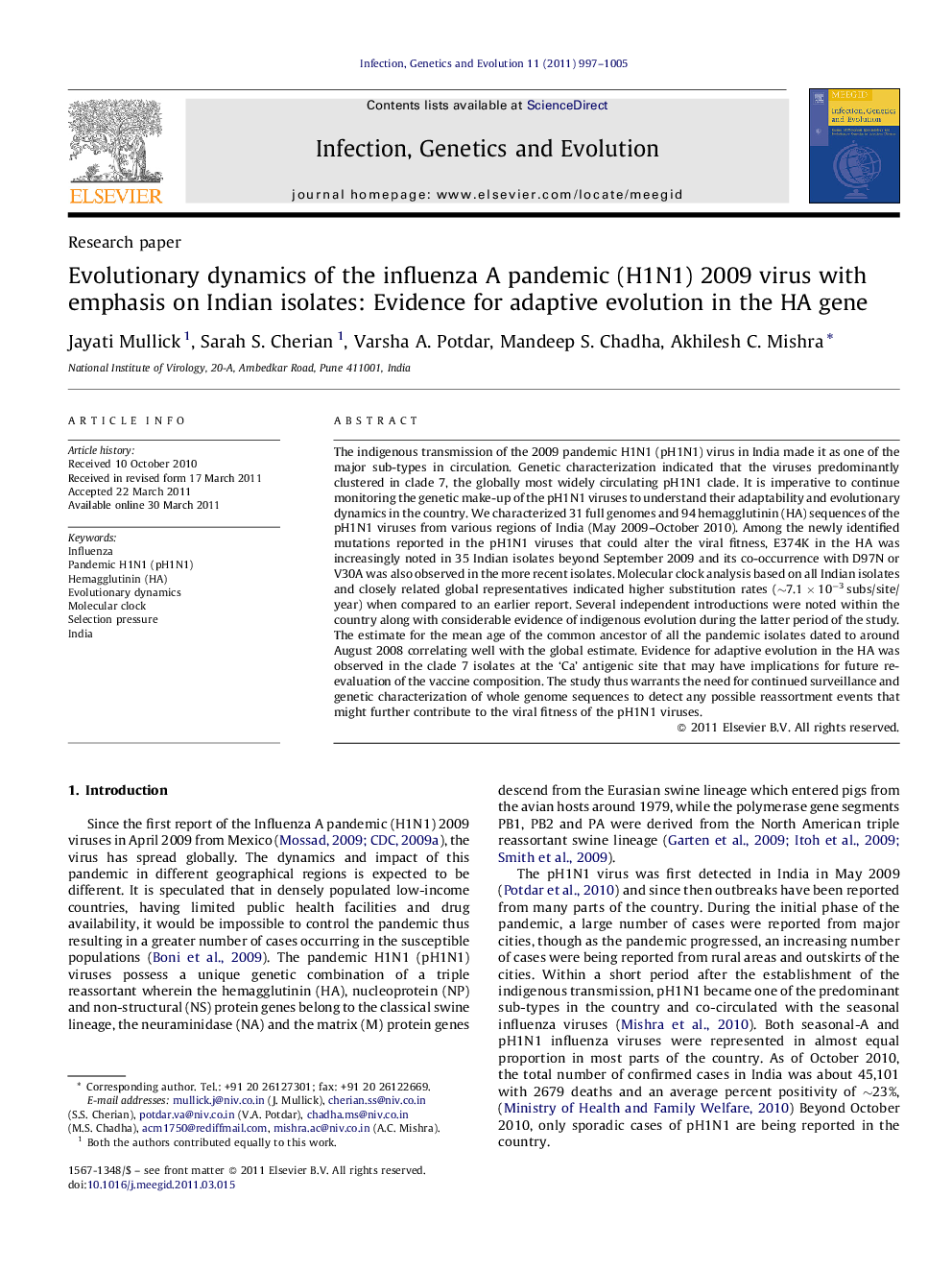 Evolutionary dynamics of the influenza A pandemic (H1N1) 2009 virus with emphasis on Indian isolates: Evidence for adaptive evolution in the HA gene