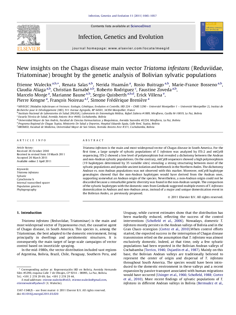 New insights on the Chagas disease main vector Triatoma infestans (Reduviidae, Triatominae) brought by the genetic analysis of Bolivian sylvatic populations