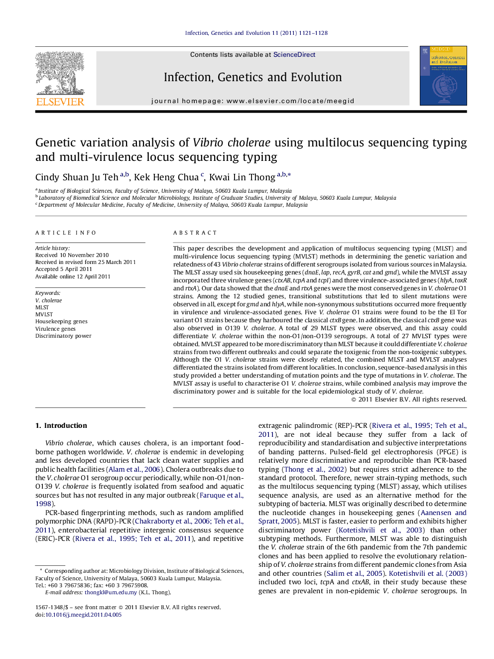 Genetic variation analysis of Vibrio cholerae using multilocus sequencing typing and multi-virulence locus sequencing typing