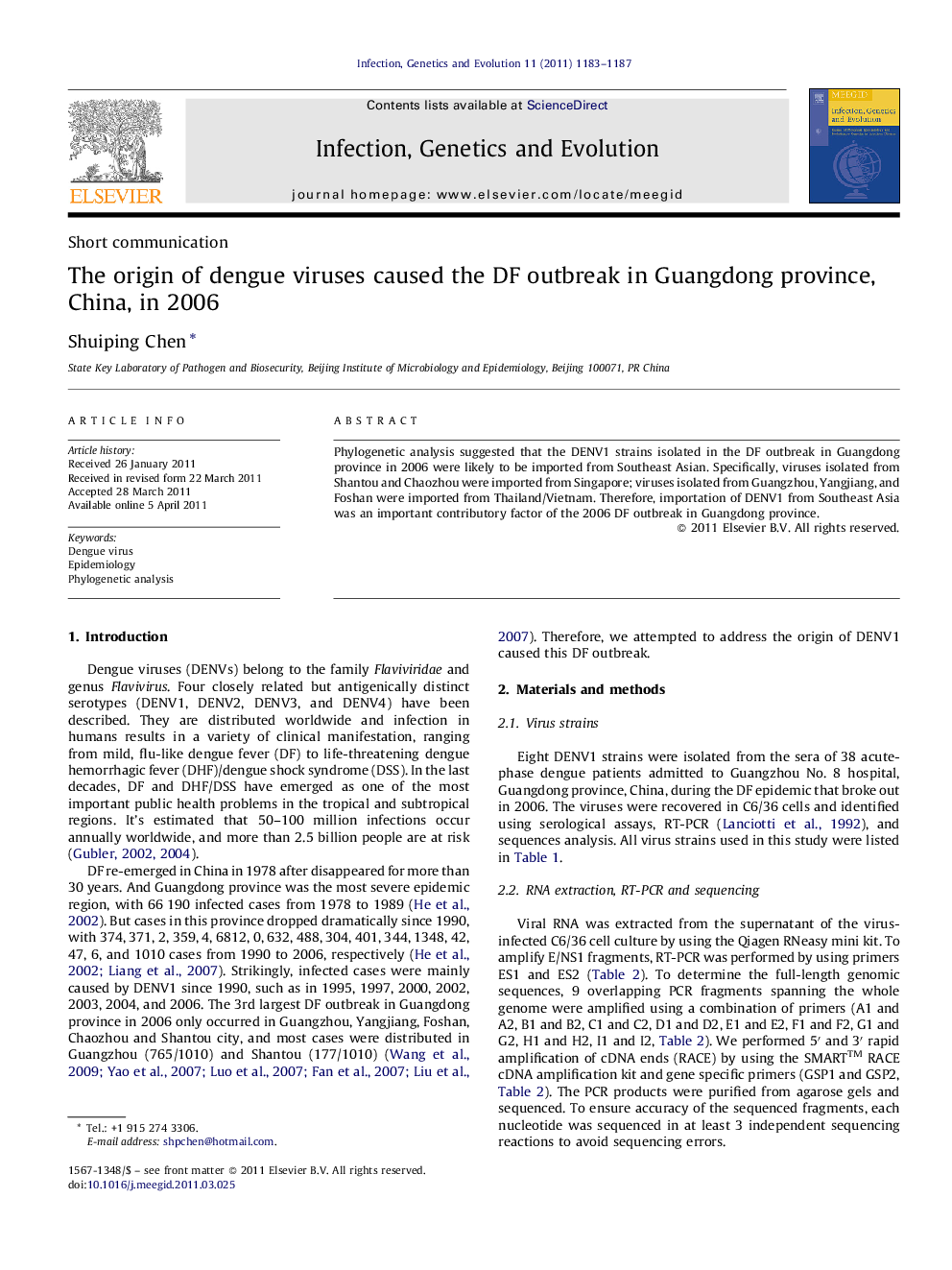 The origin of dengue viruses caused the DF outbreak in Guangdong province, China, in 2006
