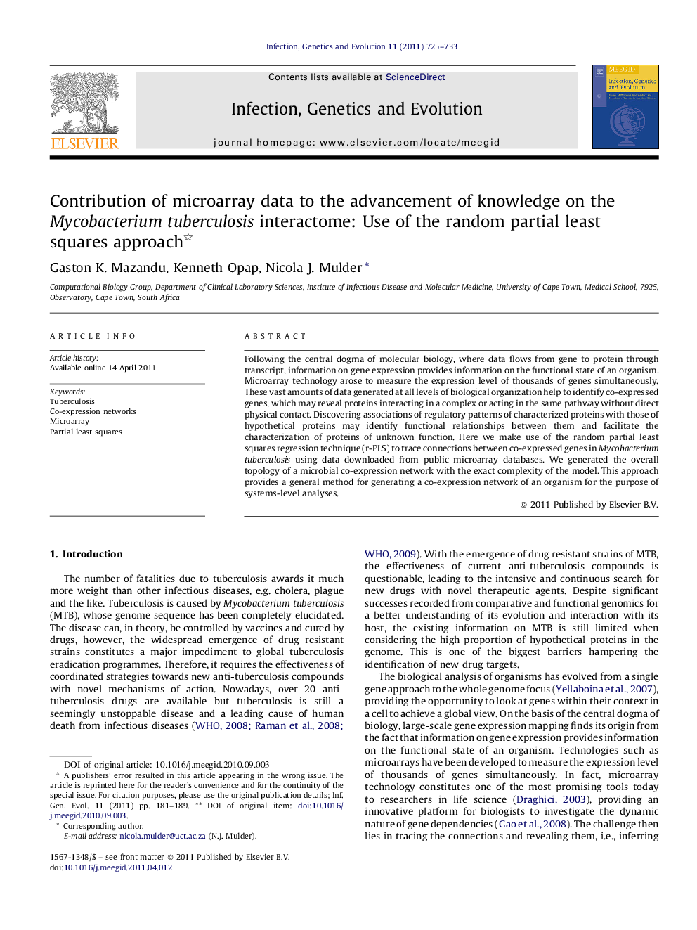 Contribution of microarray data to the advancement of knowledge on the Mycobacterium tuberculosis interactome: Use of the random partial least squares approach 