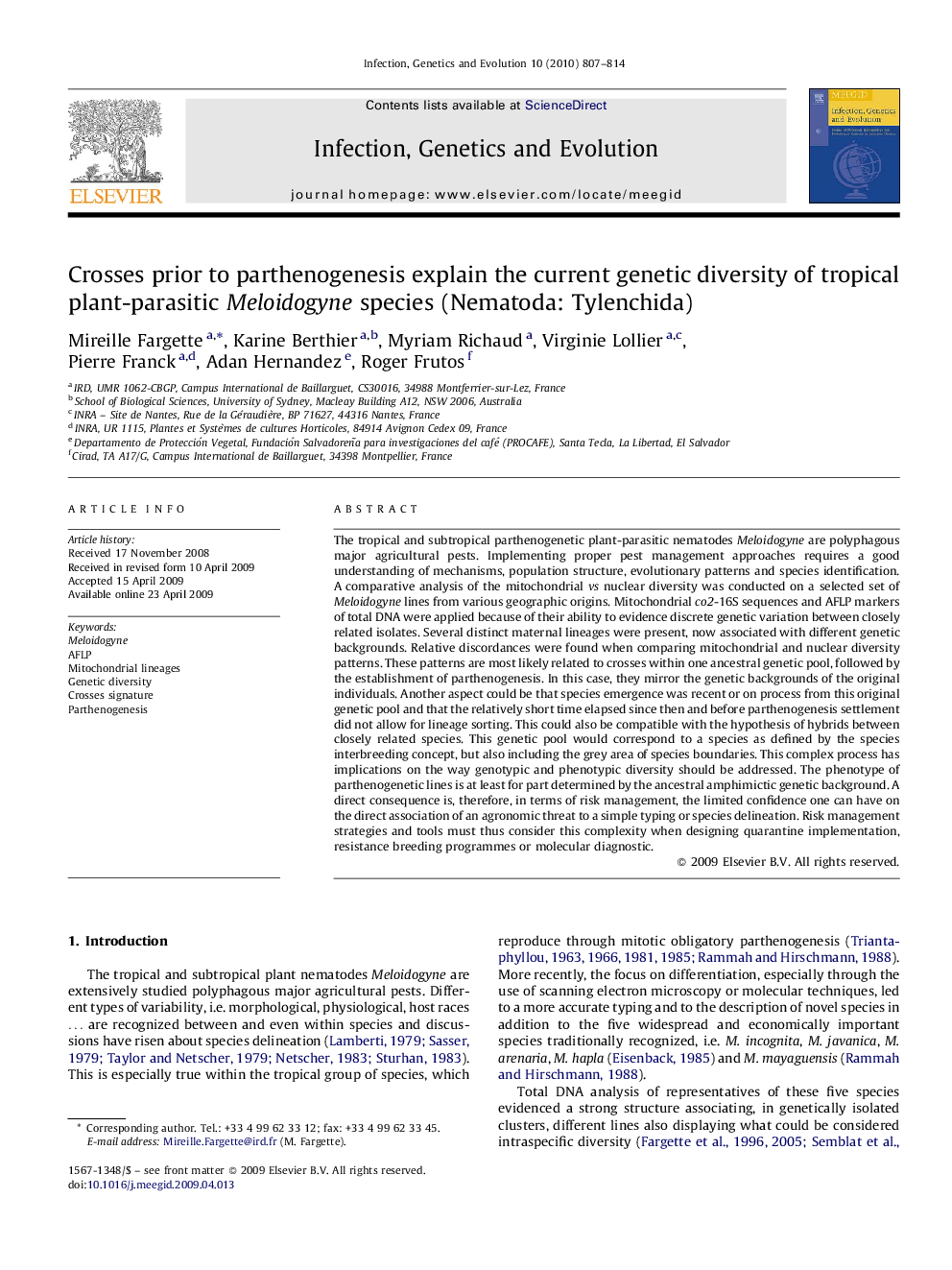 Crosses prior to parthenogenesis explain the current genetic diversity of tropical plant-parasitic Meloidogyne species (Nematoda: Tylenchida)