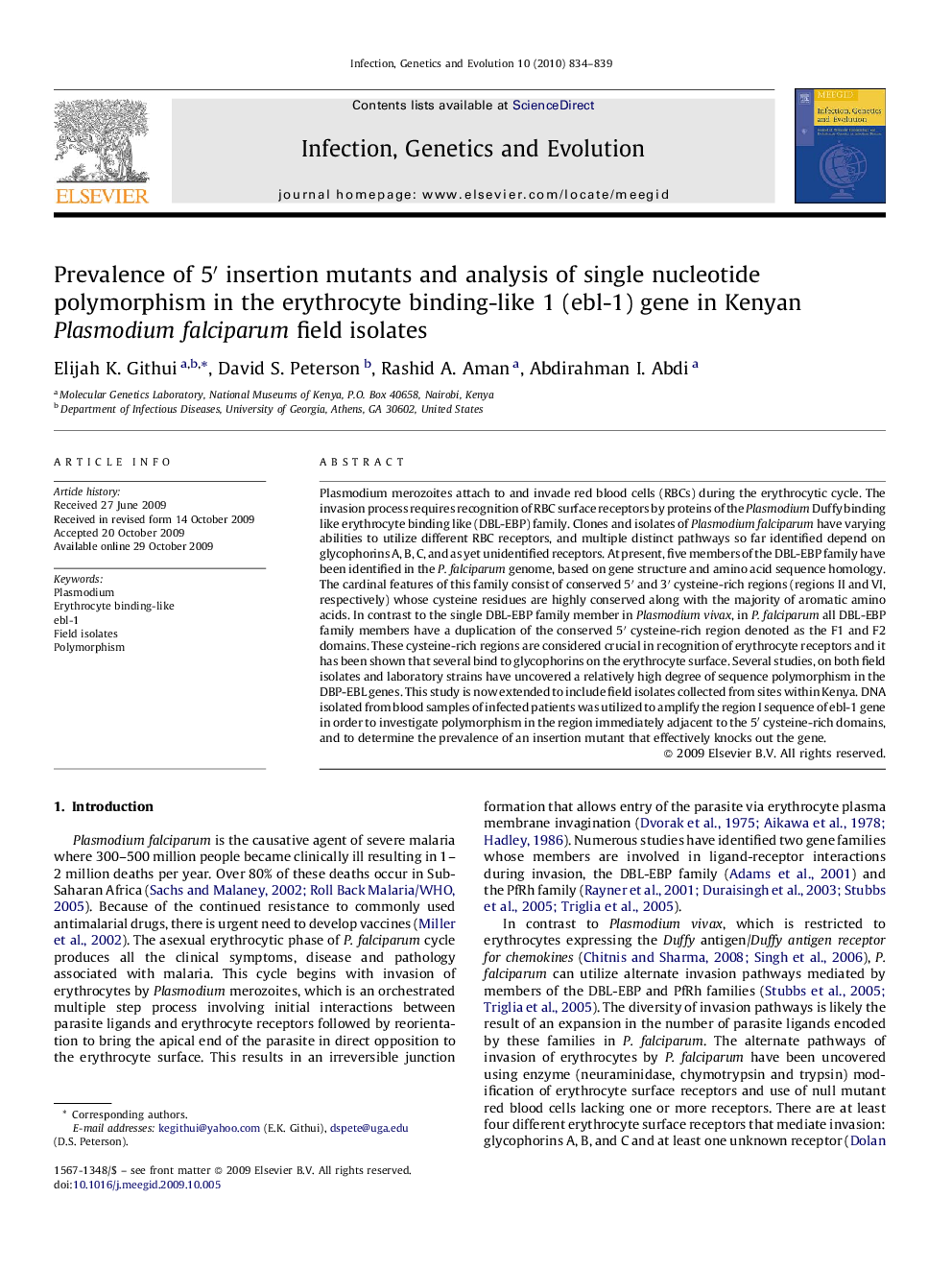 Prevalence of 5′ insertion mutants and analysis of single nucleotide polymorphism in the erythrocyte binding-like 1 (ebl-1) gene in Kenyan Plasmodium falciparum field isolates