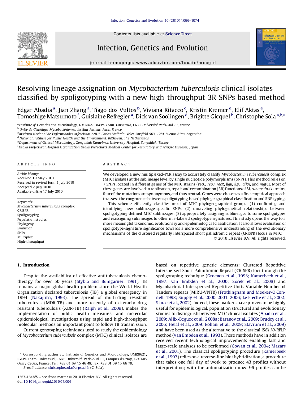 Resolving lineage assignation on Mycobacterium tuberculosis clinical isolates classified by spoligotyping with a new high-throughput 3R SNPs based method