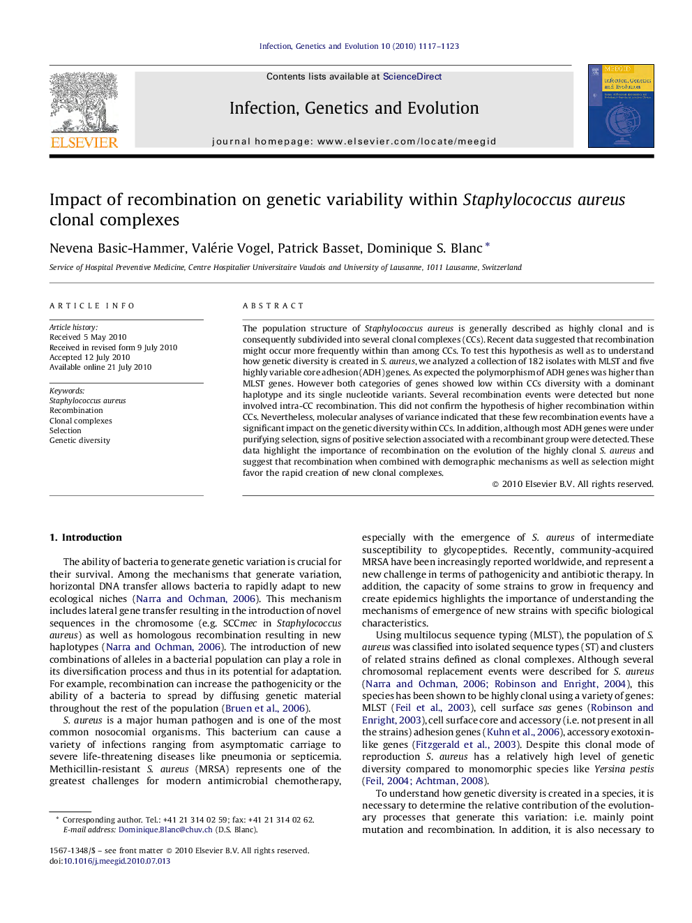 Impact of recombination on genetic variability within Staphylococcus aureus clonal complexes