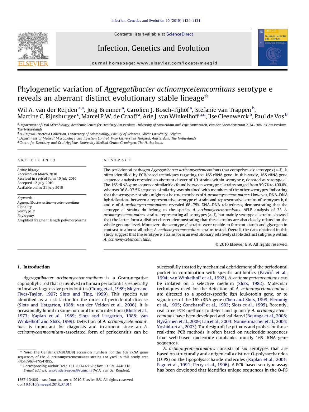 Phylogenetic variation of Aggregatibacter actinomycetemcomitans serotype e reveals an aberrant distinct evolutionary stable lineage 