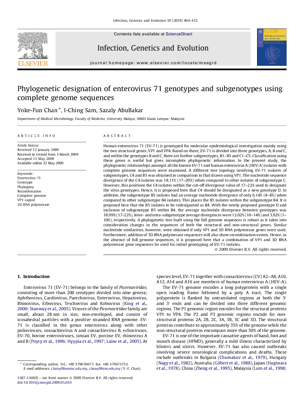 Phylogenetic designation of enterovirus 71 genotypes and subgenotypes using complete genome sequences