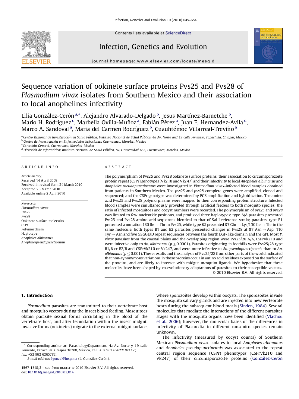 Sequence variation of ookinete surface proteins Pvs25 and Pvs28 of Plasmodium vivax isolates from Southern Mexico and their association to local anophelines infectivity