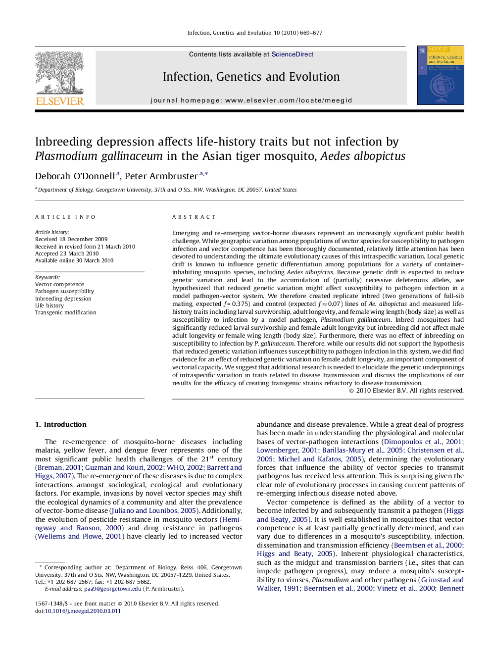 Inbreeding depression affects life-history traits but not infection by Plasmodium gallinaceum in the Asian tiger mosquito, Aedes albopictus