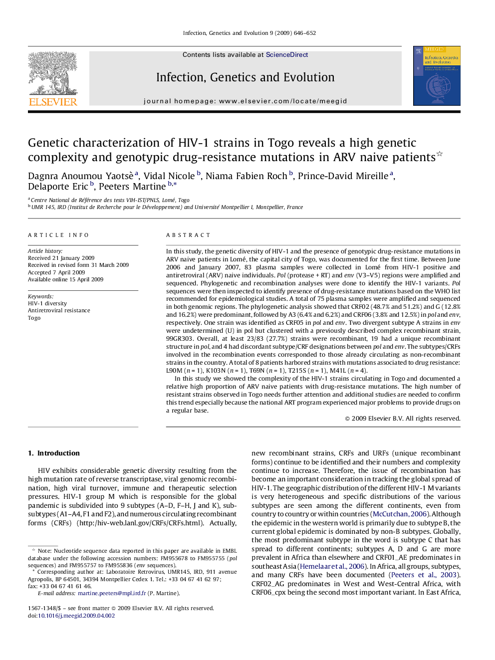 Genetic characterization of HIV-1 strains in Togo reveals a high genetic complexity and genotypic drug-resistance mutations in ARV naive patients 