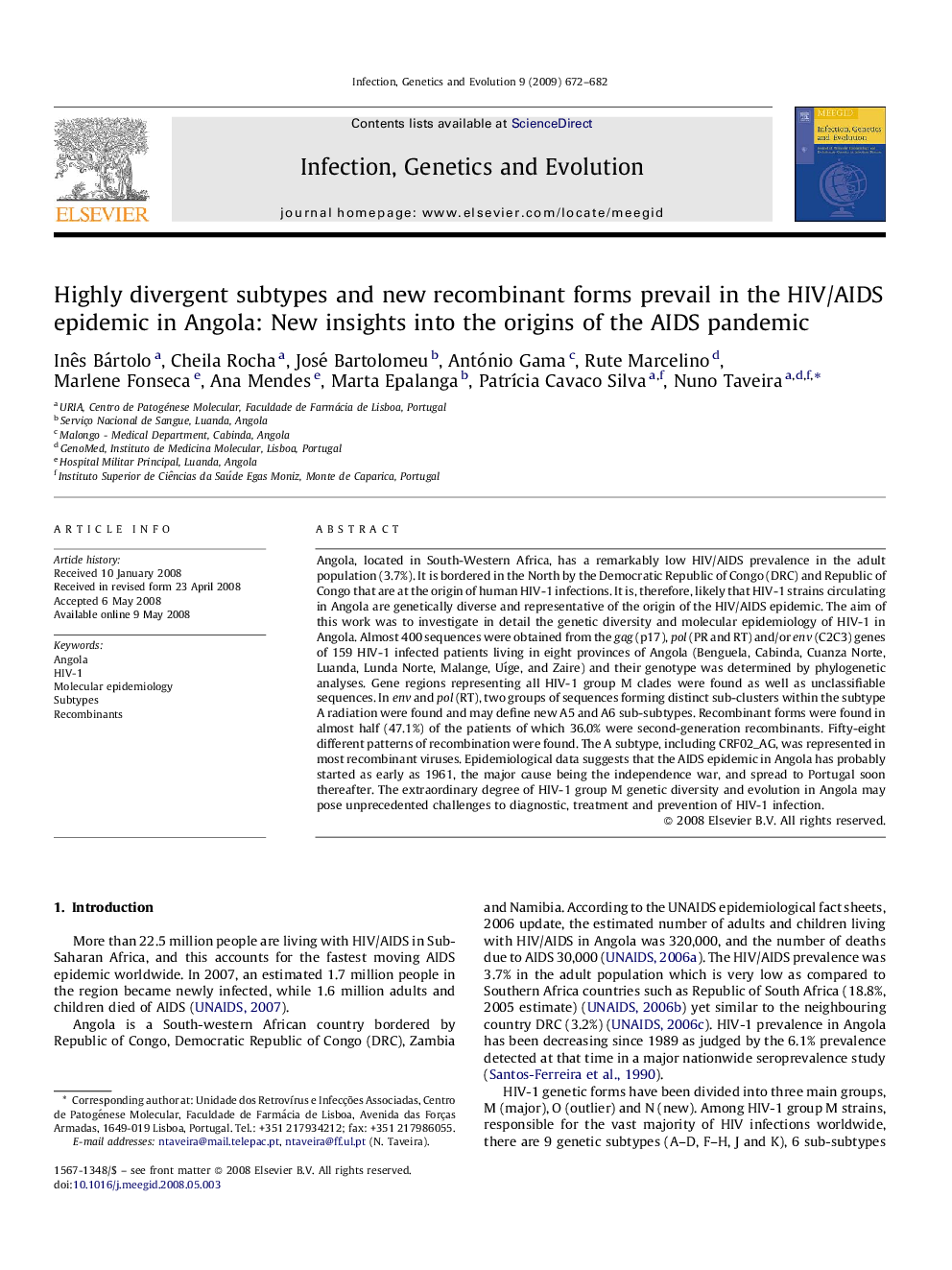 Highly divergent subtypes and new recombinant forms prevail in the HIV/AIDS epidemic in Angola: New insights into the origins of the AIDS pandemic