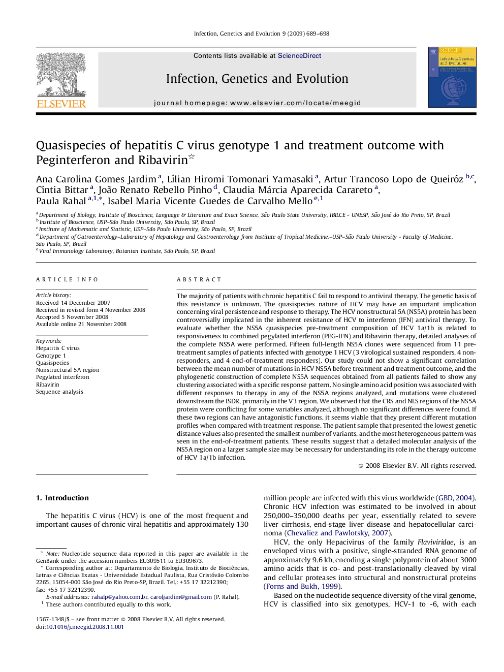 Quasispecies of hepatitis C virus genotype 1 and treatment outcome with Peginterferon and Ribavirin 