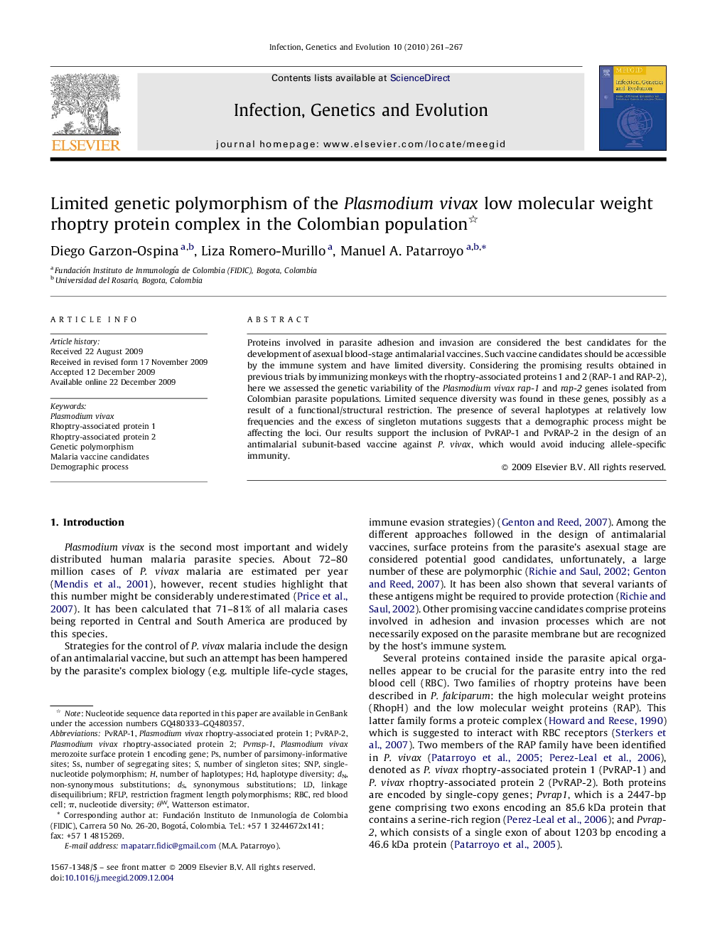 Limited genetic polymorphism of the Plasmodium vivax low molecular weight rhoptry protein complex in the Colombian population 
