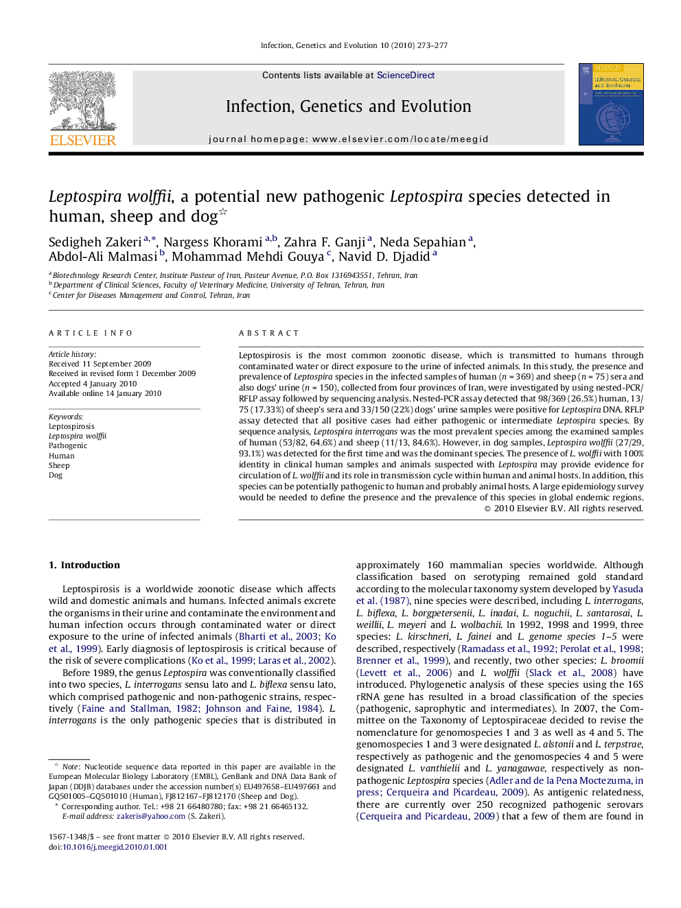 Leptospira wolffii, a potential new pathogenic Leptospira species detected in human, sheep and dog 