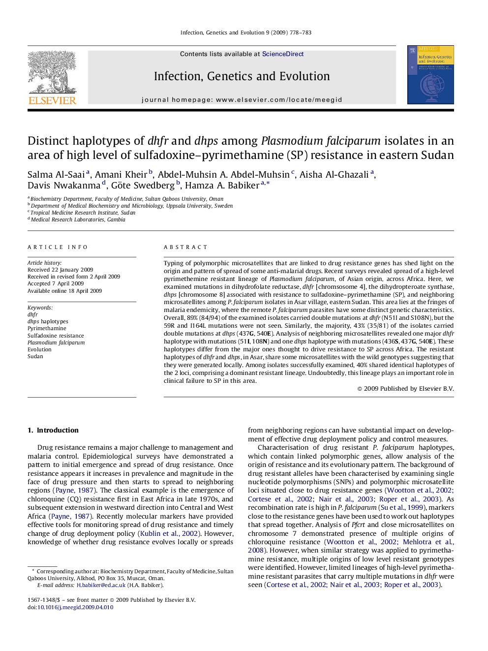 Distinct haplotypes of dhfr and dhps among Plasmodium falciparum isolates in an area of high level of sulfadoxine–pyrimethamine (SP) resistance in eastern Sudan