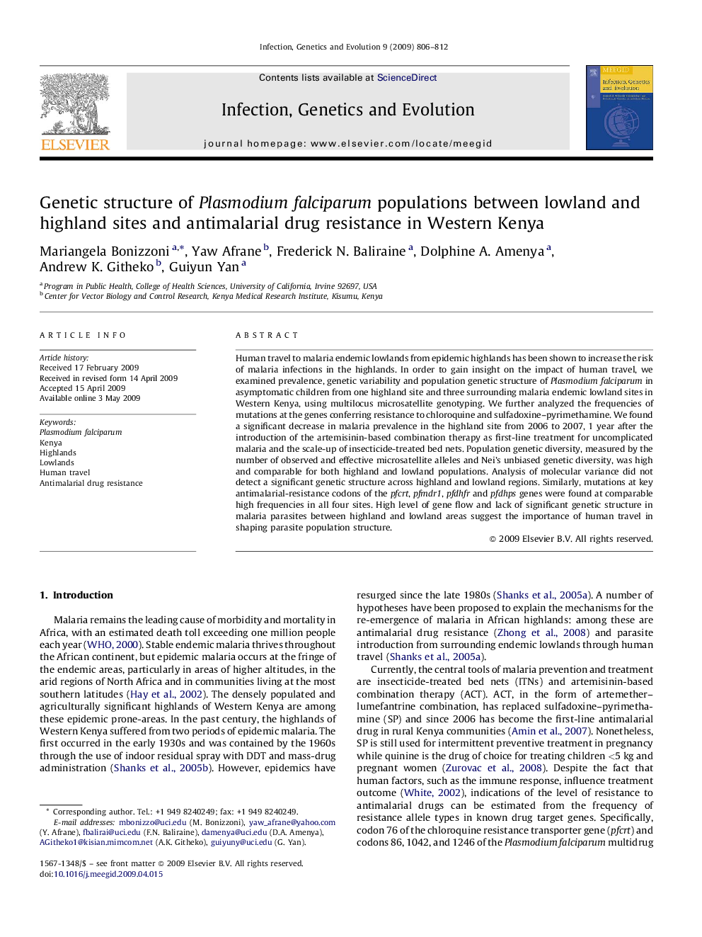 Genetic structure of Plasmodium falciparum populations between lowland and highland sites and antimalarial drug resistance in Western Kenya