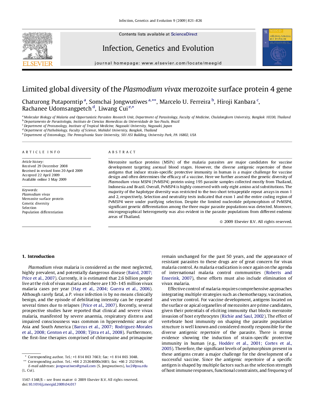 Limited global diversity of the Plasmodium vivax merozoite surface protein 4 gene