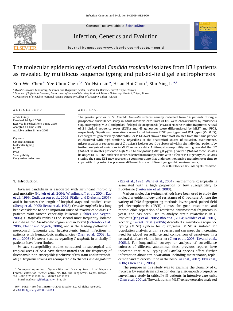 The molecular epidemiology of serial Candida tropicalis isolates from ICU patients as revealed by multilocus sequence typing and pulsed-field gel electrophoresis