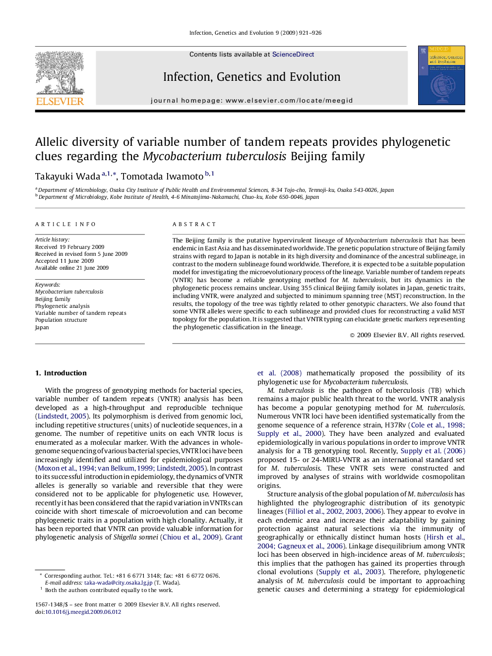 Allelic diversity of variable number of tandem repeats provides phylogenetic clues regarding the Mycobacterium tuberculosis Beijing family