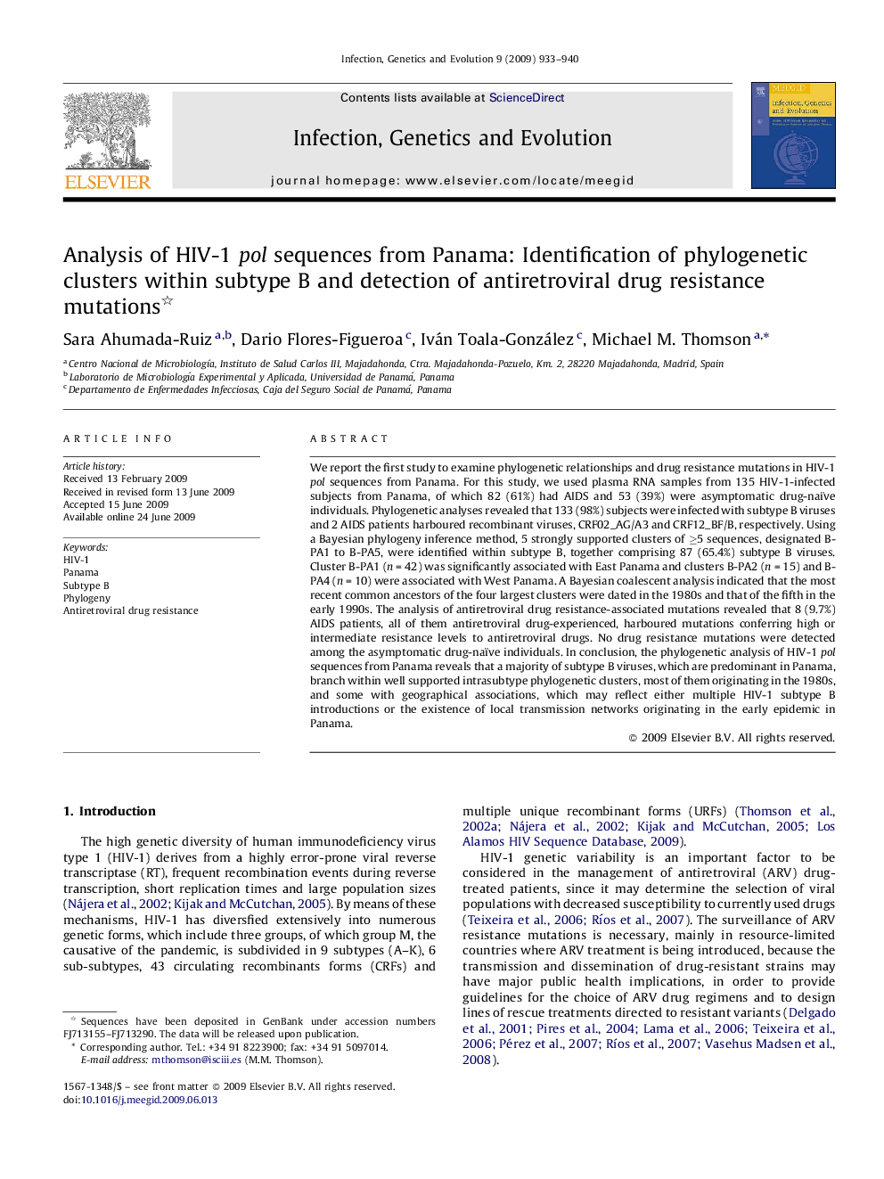 Analysis of HIV-1 pol sequences from Panama: Identification of phylogenetic clusters within subtype B and detection of antiretroviral drug resistance mutations 