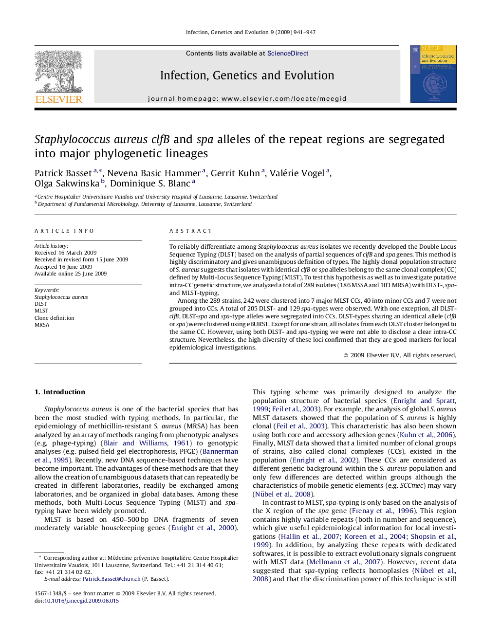 Staphylococcus aureus clfB and spa alleles of the repeat regions are segregated into major phylogenetic lineages