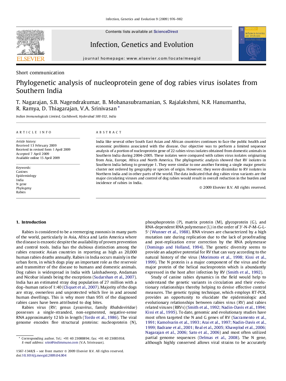 Phylogenetic analysis of nucleoprotein gene of dog rabies virus isolates from Southern India