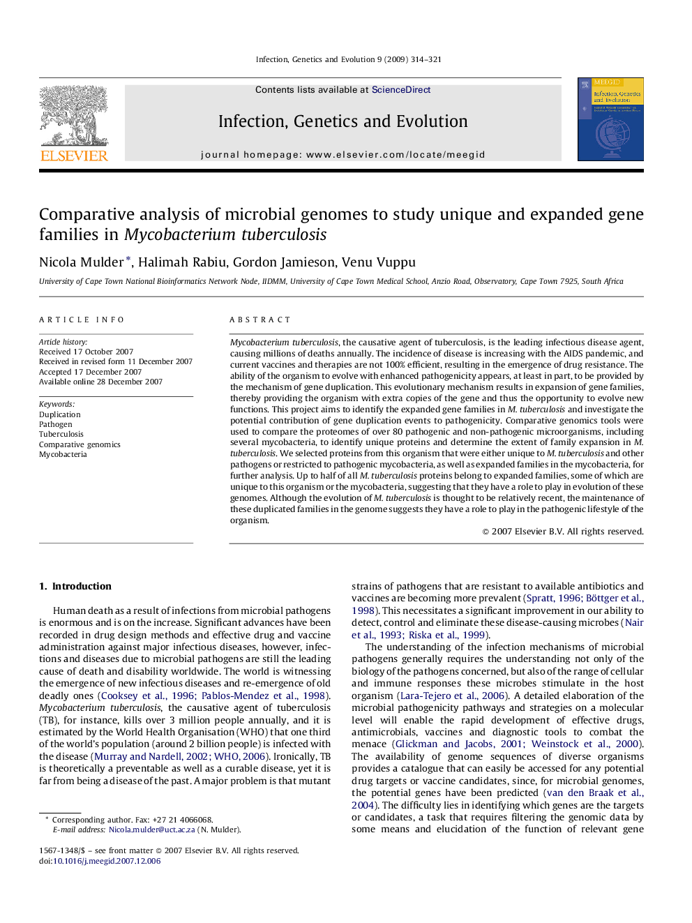 Comparative analysis of microbial genomes to study unique and expanded gene families in Mycobacterium tuberculosis