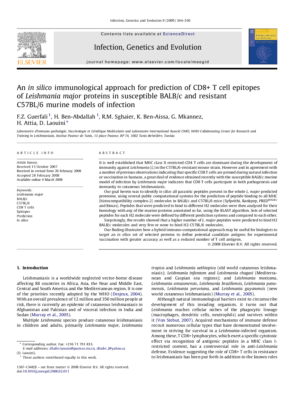 An in silico immunological approach for prediction of CD8+ T cell epitopes of Leishmania major proteins in susceptible BALB/c and resistant C57BL/6 murine models of infection