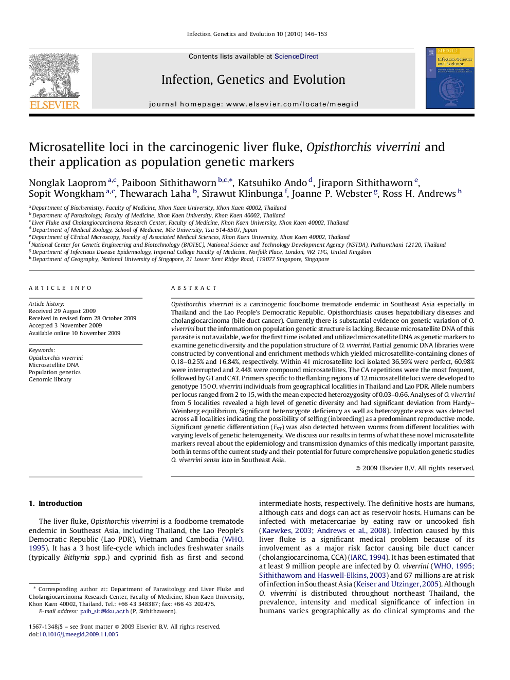 Microsatellite loci in the carcinogenic liver fluke, Opisthorchis viverrini and their application as population genetic markers