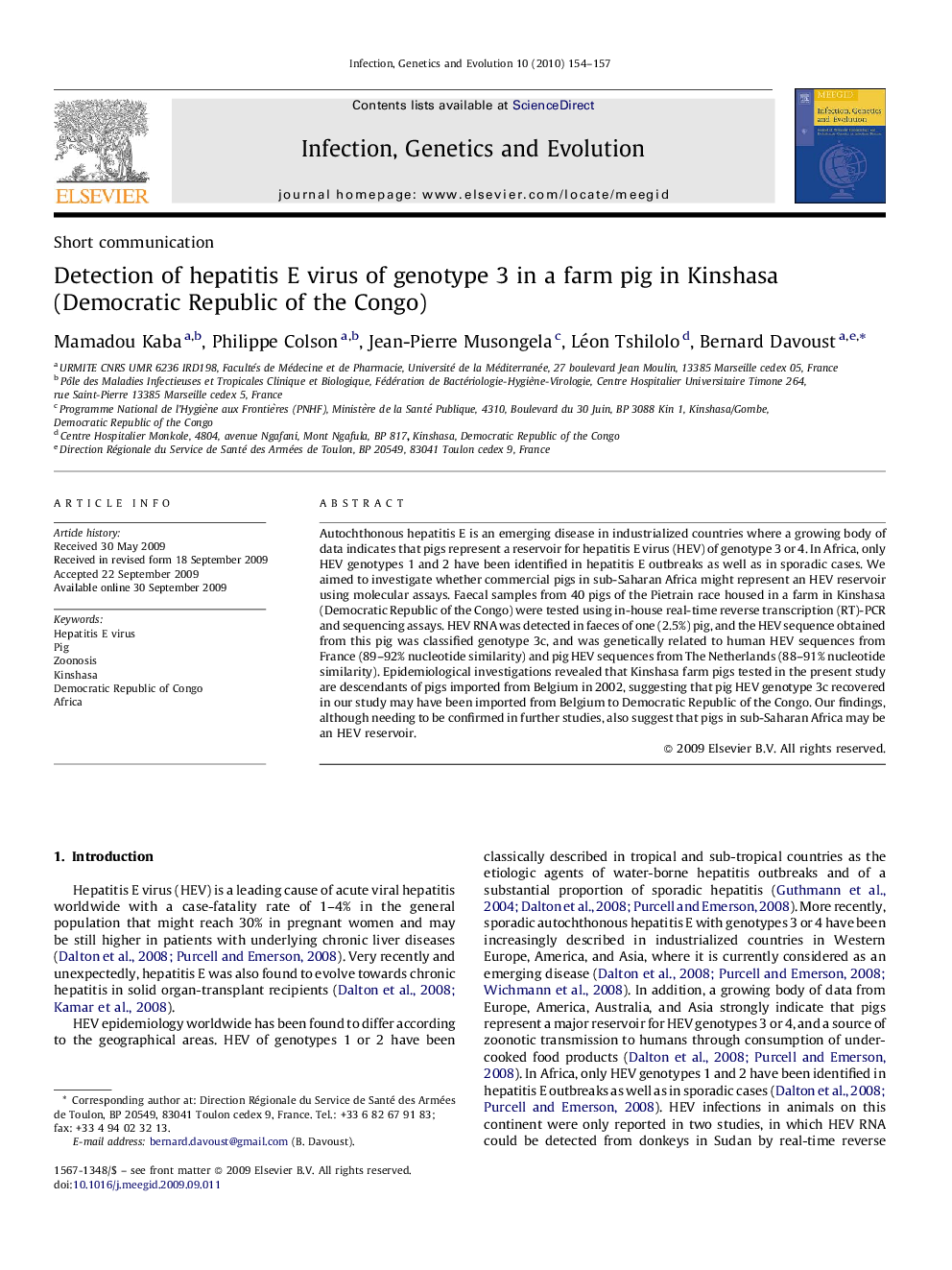 Detection of hepatitis E virus of genotype 3 in a farm pig in Kinshasa (Democratic Republic of the Congo)