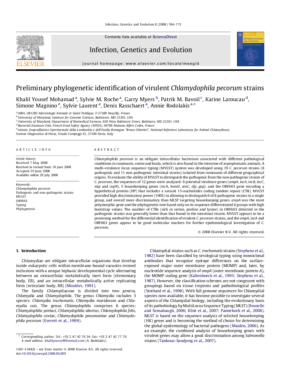 Preliminary phylogenetic identification of virulent Chlamydophila pecorum strains