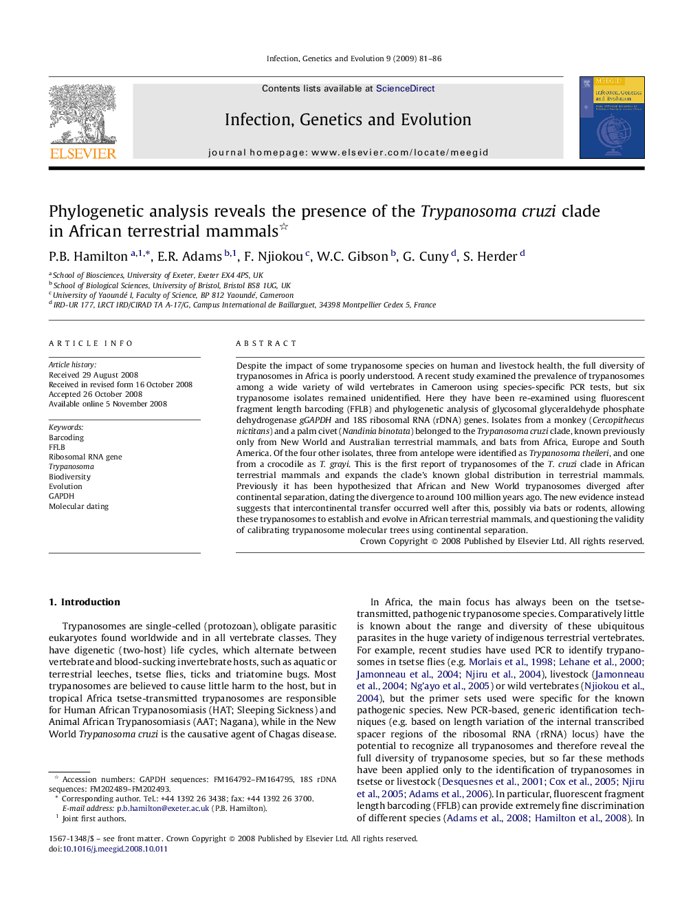 Phylogenetic analysis reveals the presence of the Trypanosoma cruzi clade in African terrestrial mammals 