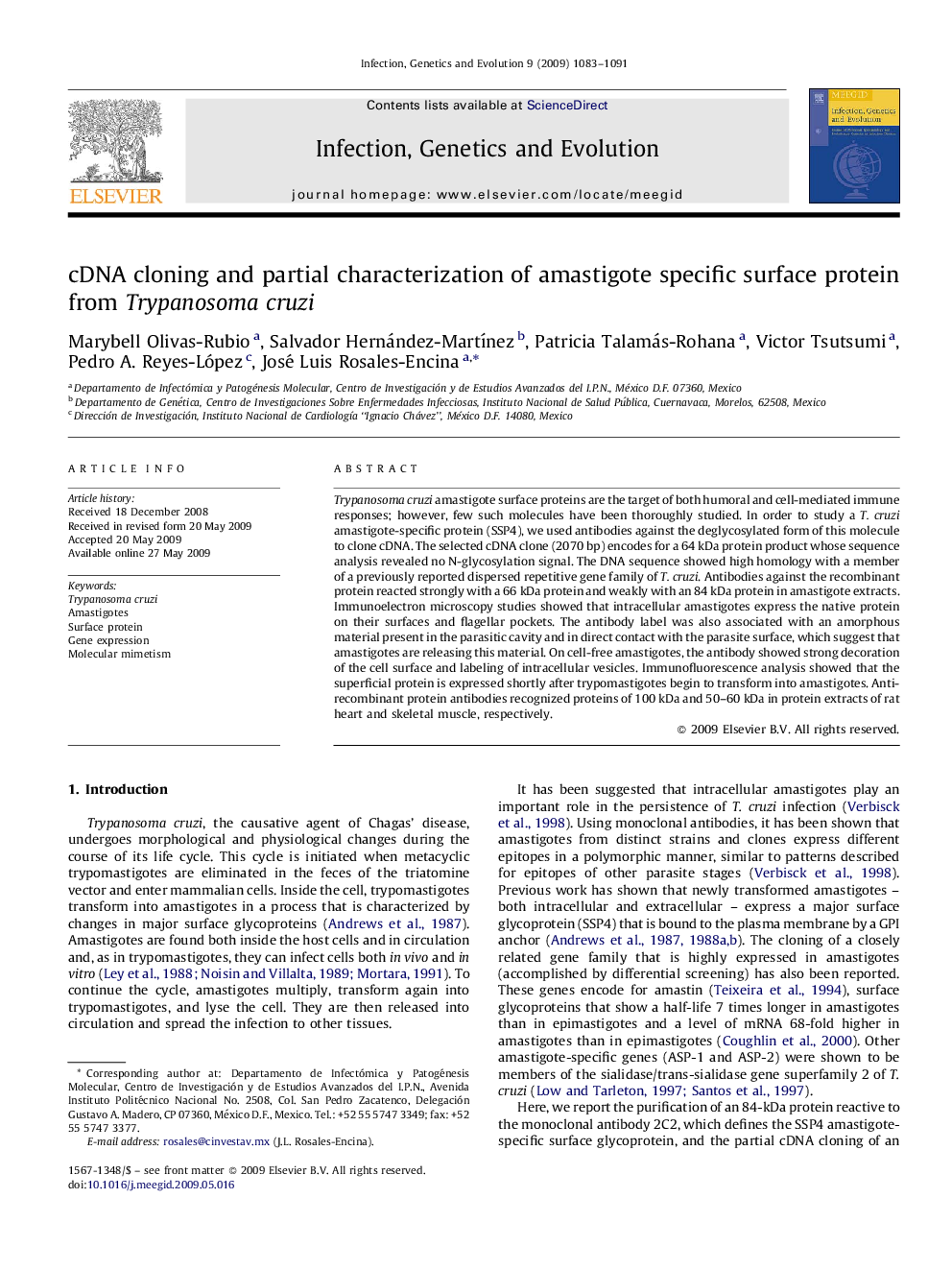 cDNA cloning and partial characterization of amastigote specific surface protein from Trypanosoma cruzi