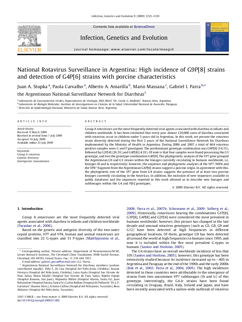 National Rotavirus Surveillance in Argentina: High incidence of G9P[8] strains and detection of G4P[6] strains with porcine characteristics