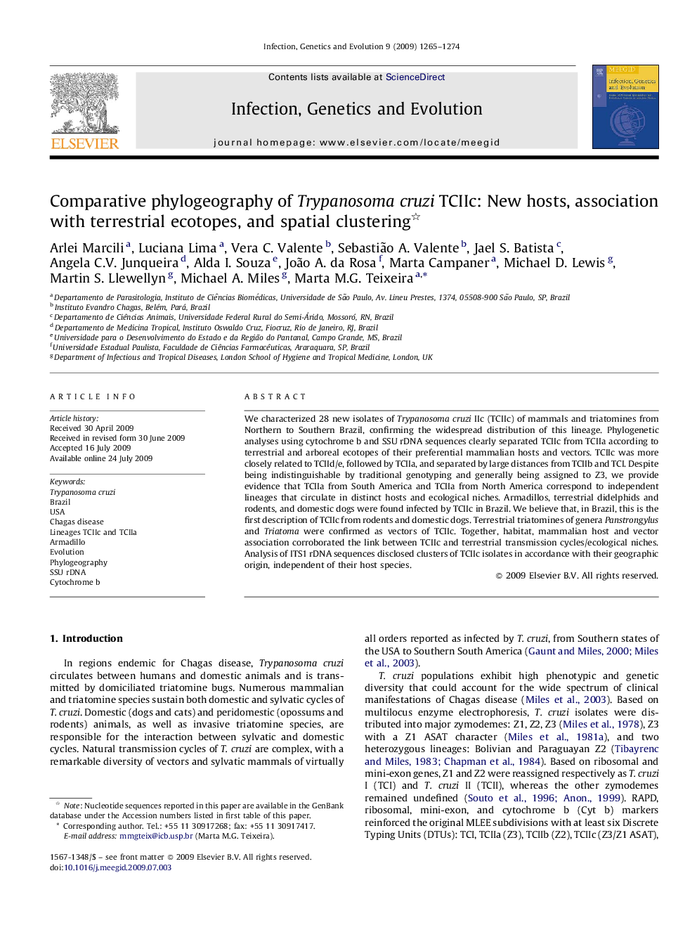 Comparative phylogeography of Trypanosoma cruzi TCIIc: New hosts, association with terrestrial ecotopes, and spatial clustering 