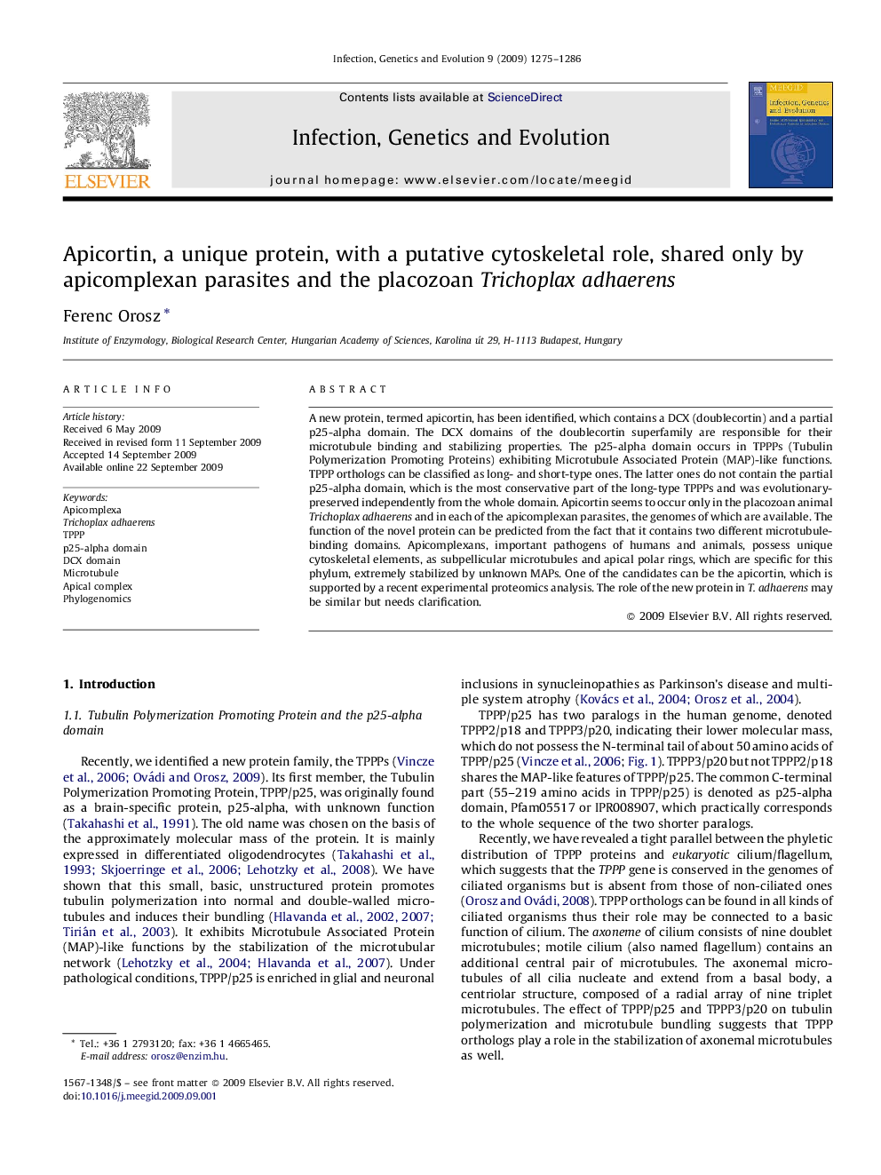 Apicortin, a unique protein, with a putative cytoskeletal role, shared only by apicomplexan parasites and the placozoan Trichoplax adhaerens