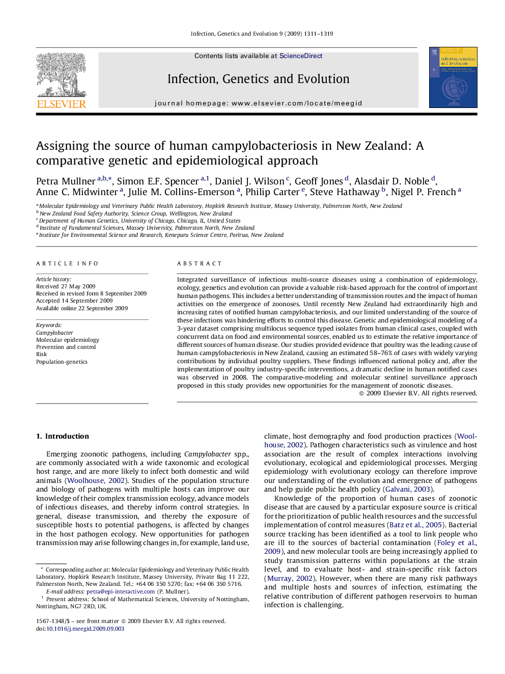 Assigning the source of human campylobacteriosis in New Zealand: A comparative genetic and epidemiological approach