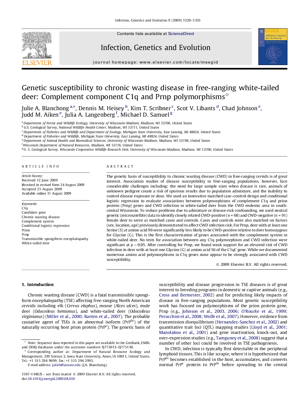 Genetic susceptibility to chronic wasting disease in free-ranging white-tailed deer: Complement component C1q and Prnp polymorphisms 