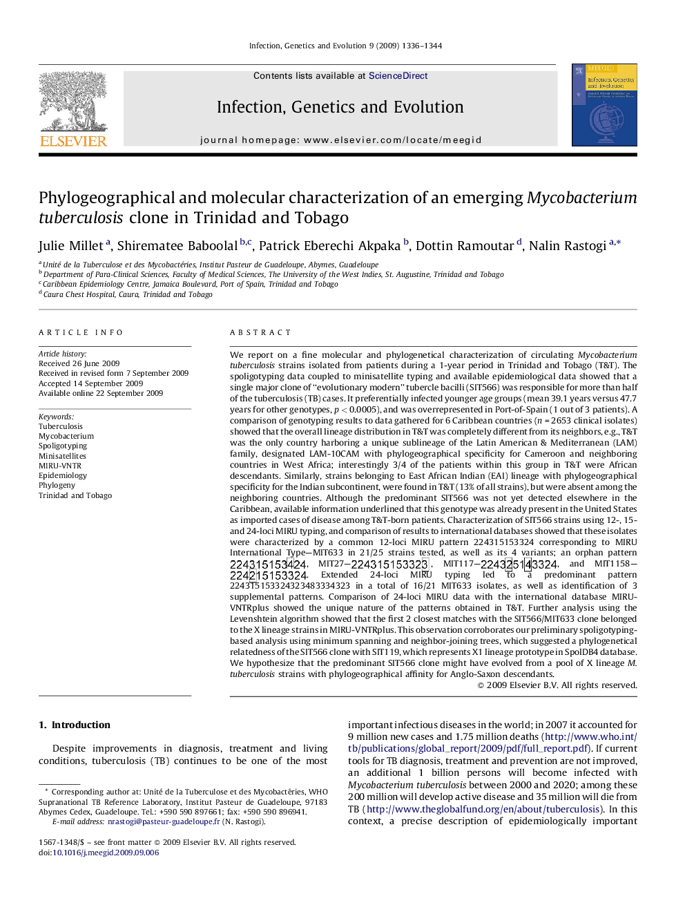 Phylogeographical and molecular characterization of an emerging Mycobacterium tuberculosis clone in Trinidad and Tobago