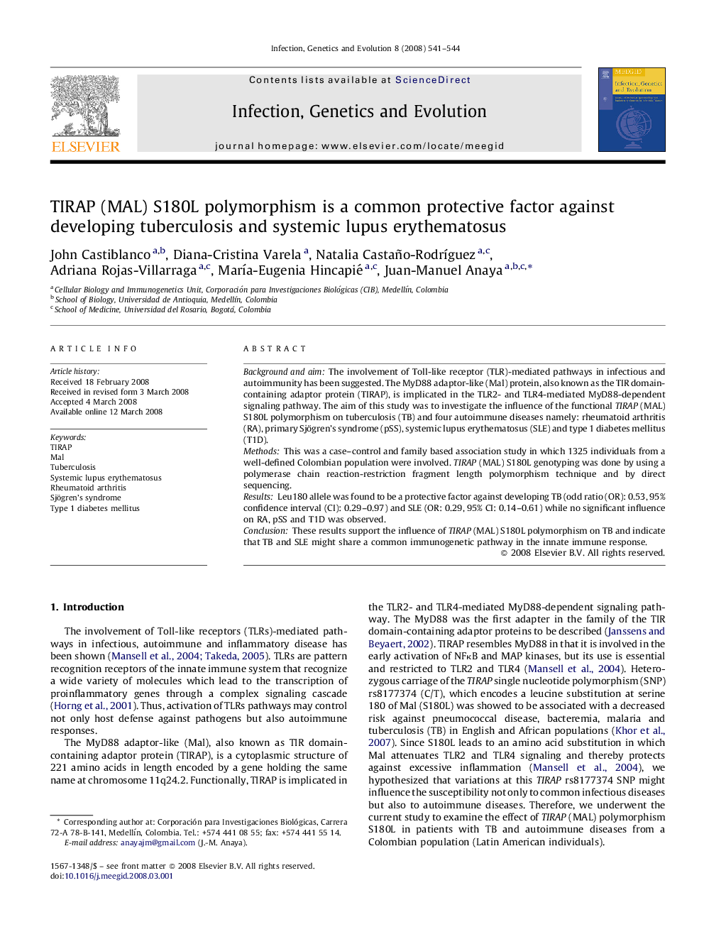 TIRAP (MAL) S180L polymorphism is a common protective factor against developing tuberculosis and systemic lupus erythematosus