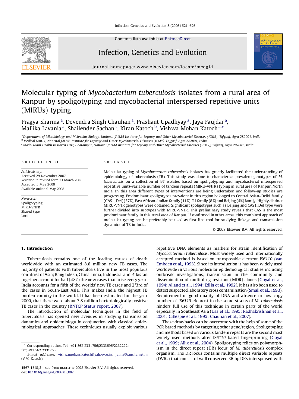 Molecular typing of Mycobacterium tuberculosis isolates from a rural area of Kanpur by spoligotyping and mycobacterial interspersed repetitive units (MIRUs) typing