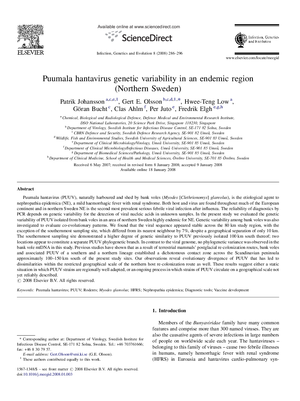 Puumala hantavirus genetic variability in an endemic region (Northern Sweden)