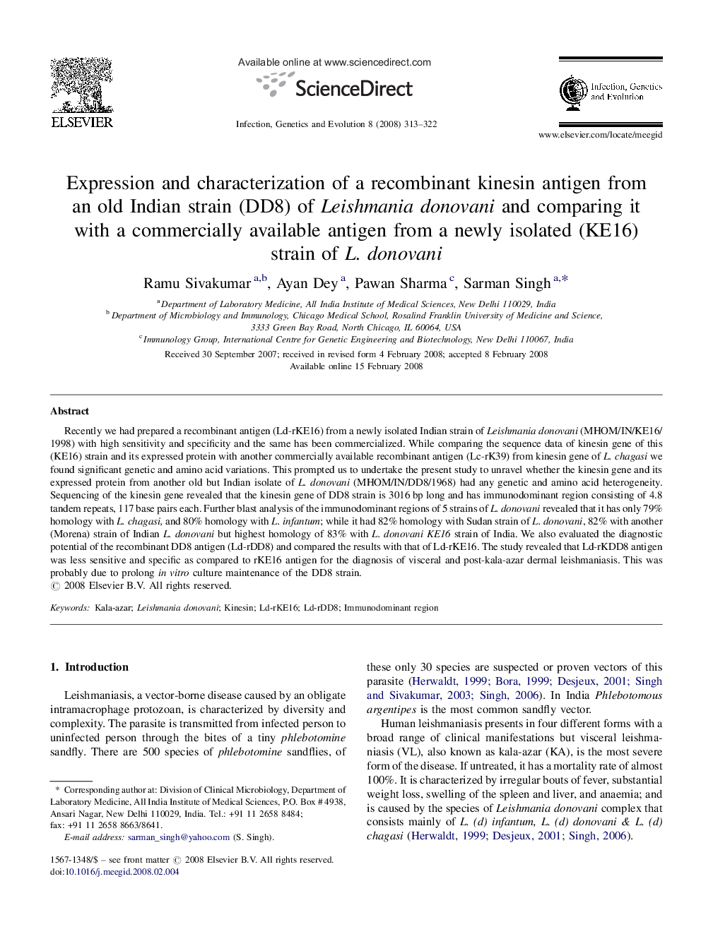 Expression and characterization of a recombinant kinesin antigen from an old Indian strain (DD8) of Leishmania donovani and comparing it with a commercially available antigen from a newly isolated (KE16) strain of L. donovani