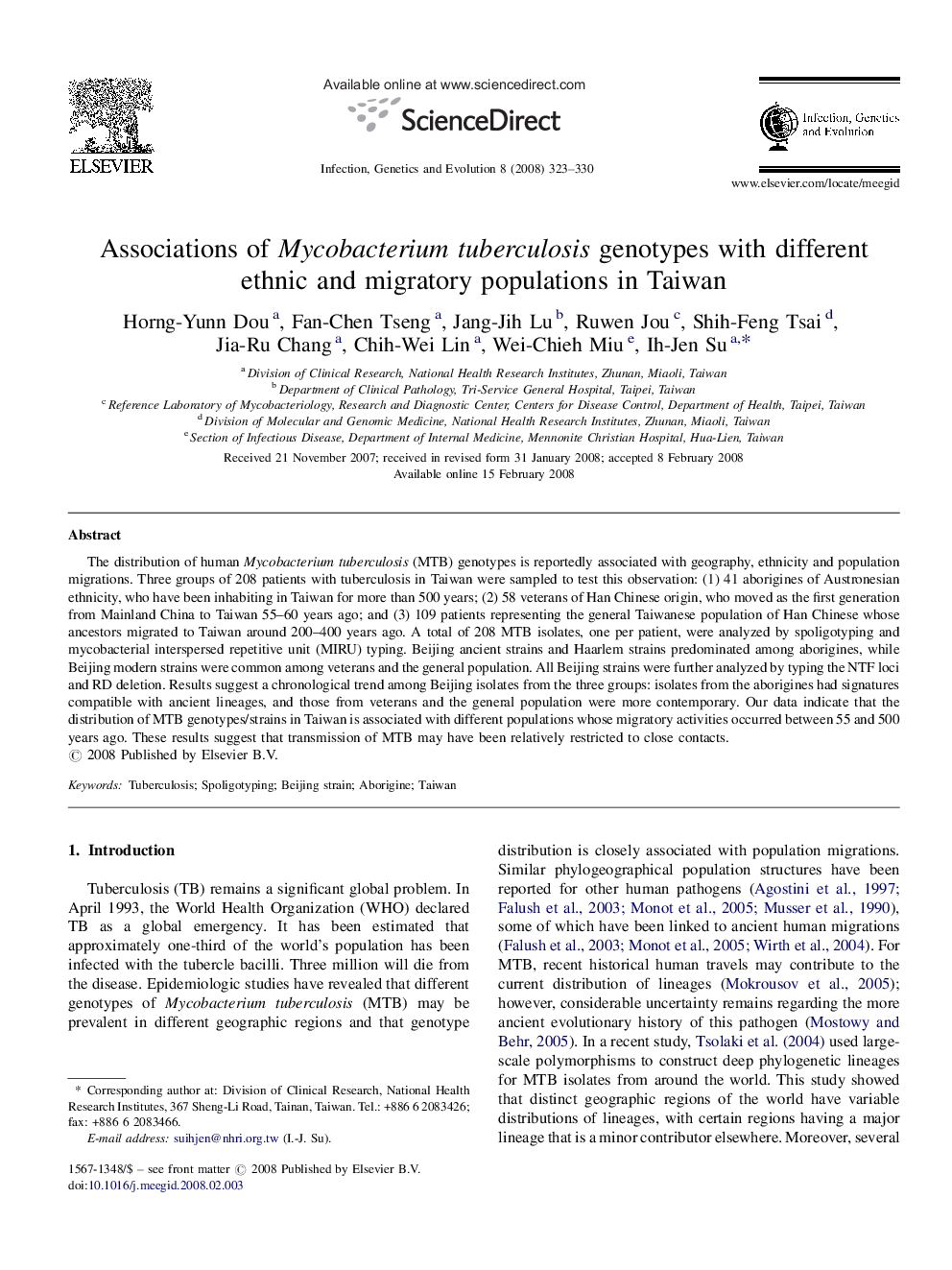 Associations of Mycobacterium tuberculosis genotypes with different ethnic and migratory populations in Taiwan