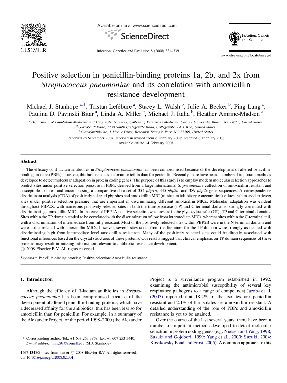 Positive selection in penicillin-binding proteins 1a, 2b, and 2x from Streptococcus pneumoniae and its correlation with amoxicillin resistance development