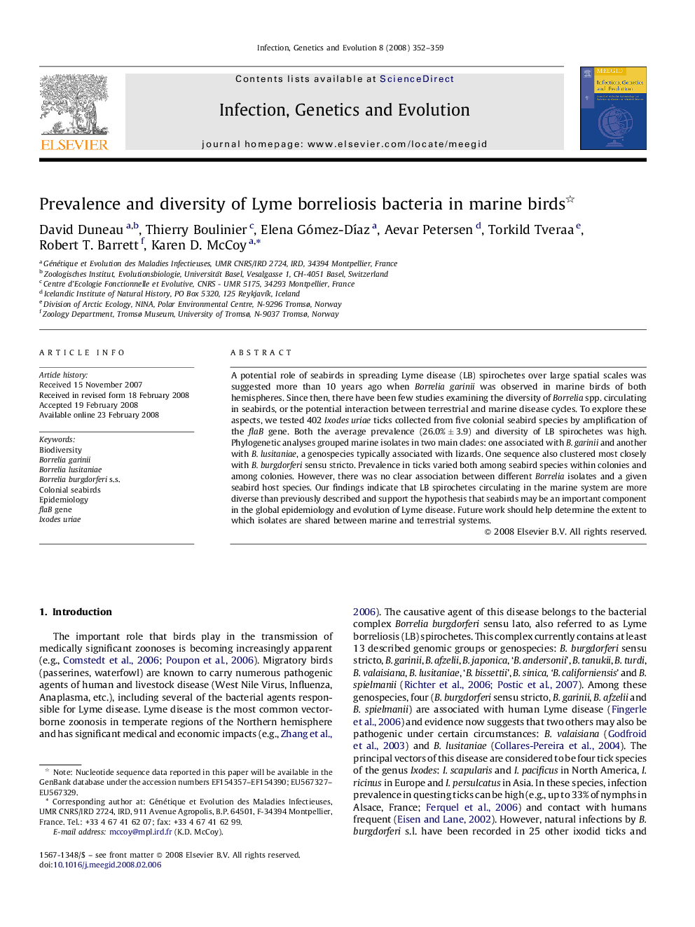 Prevalence and diversity of Lyme borreliosis bacteria in marine birds 