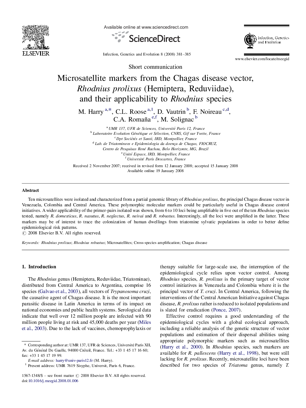 Microsatellite markers from the Chagas disease vector, Rhodnius prolixus (Hemiptera, Reduviidae), and their applicability to Rhodnius species