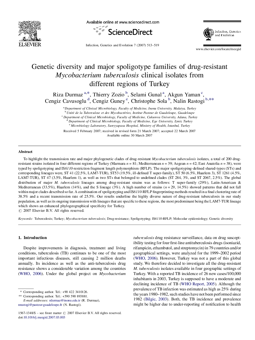 Genetic diversity and major spoligotype families of drug-resistant Mycobacterium tuberculosis clinical isolates from different regions of Turkey