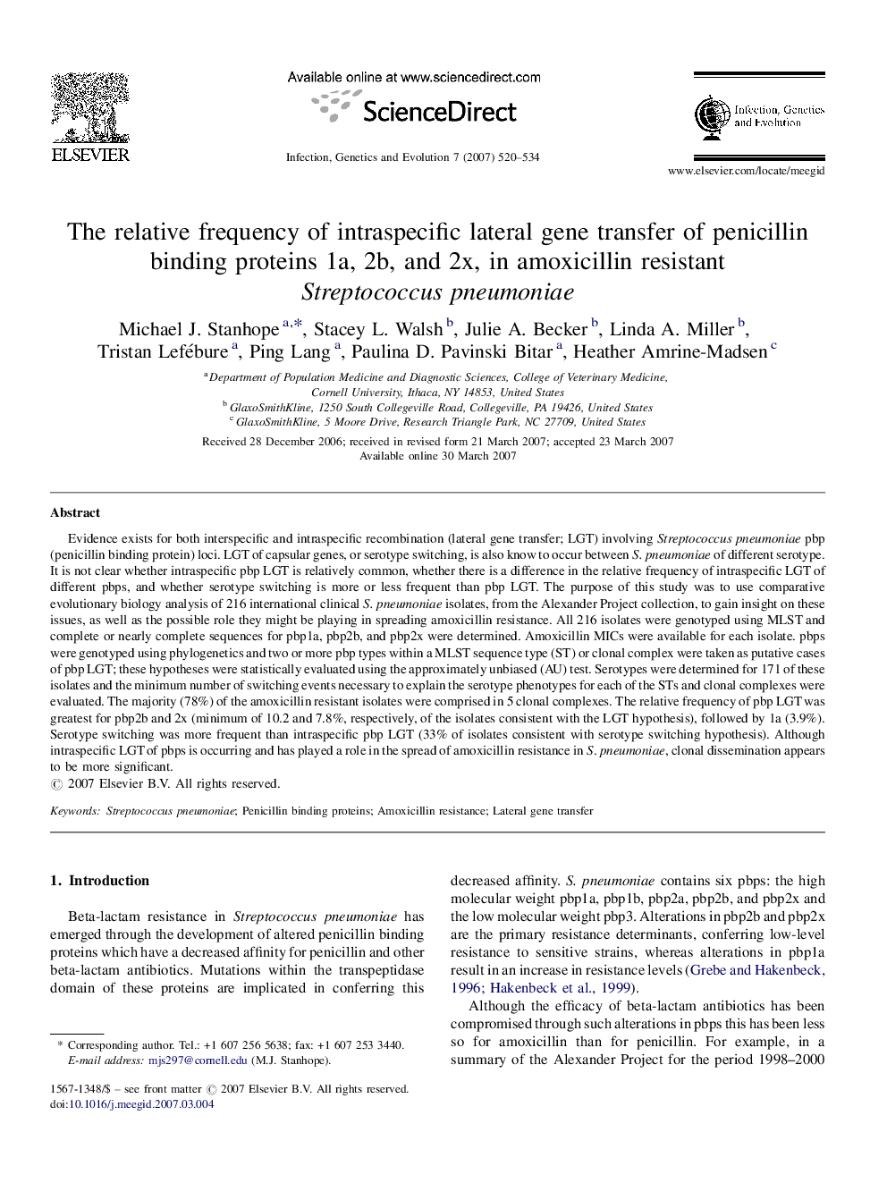 The relative frequency of intraspecific lateral gene transfer of penicillin binding proteins 1a, 2b, and 2x, in amoxicillin resistant Streptococcus pneumoniae