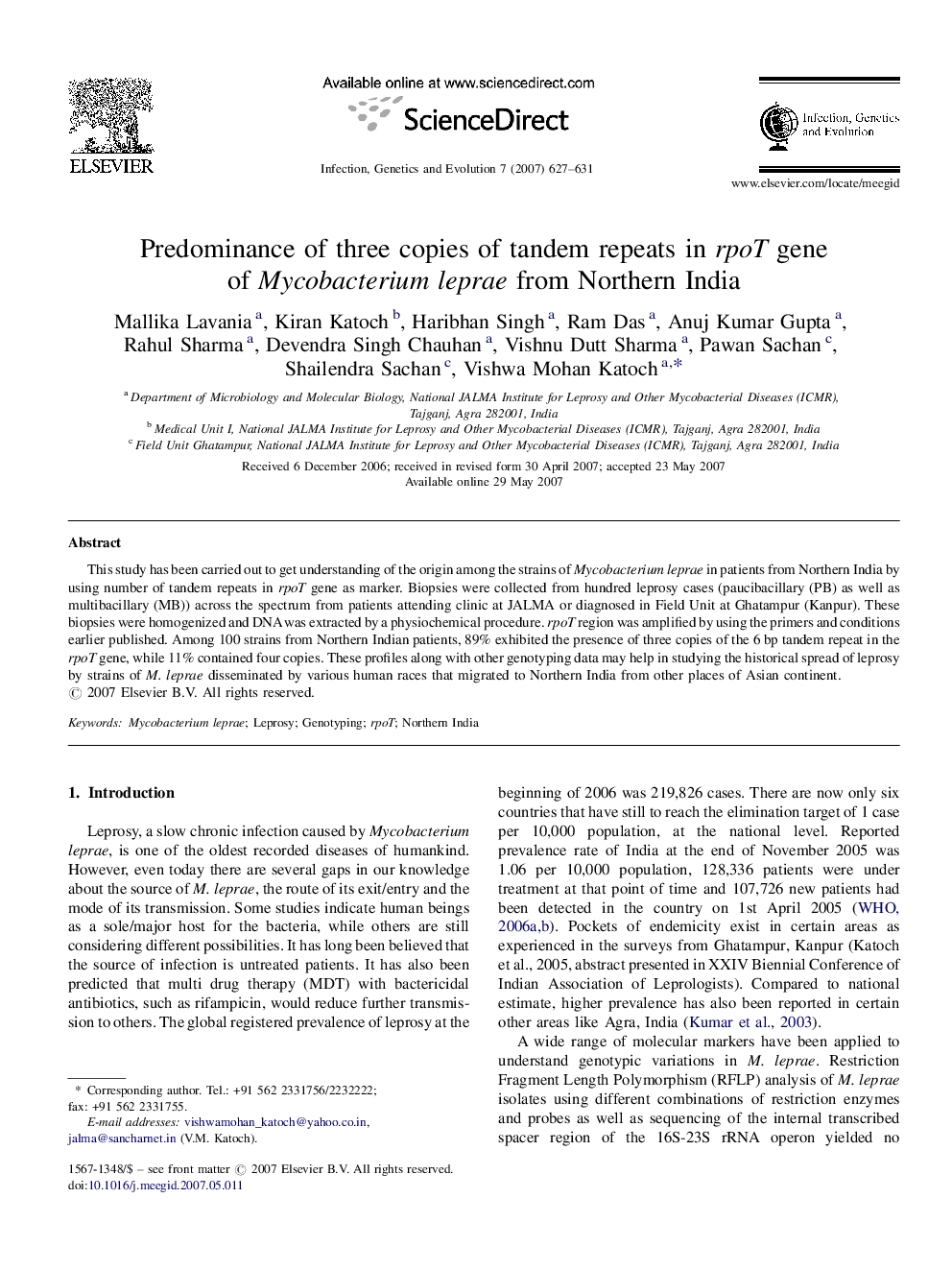 Predominance of three copies of tandem repeats in rpoT gene of Mycobacterium leprae from Northern India